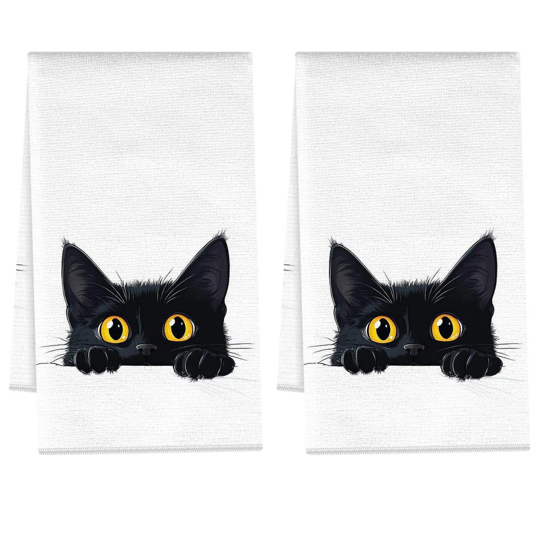 2pcs/set Soft Absorbent Kitchen Towels Dish Towel Cartoon Black Cat Dish Cloths Holiday Dry Cloth Kitchen Dish Tea Towel 2pcs