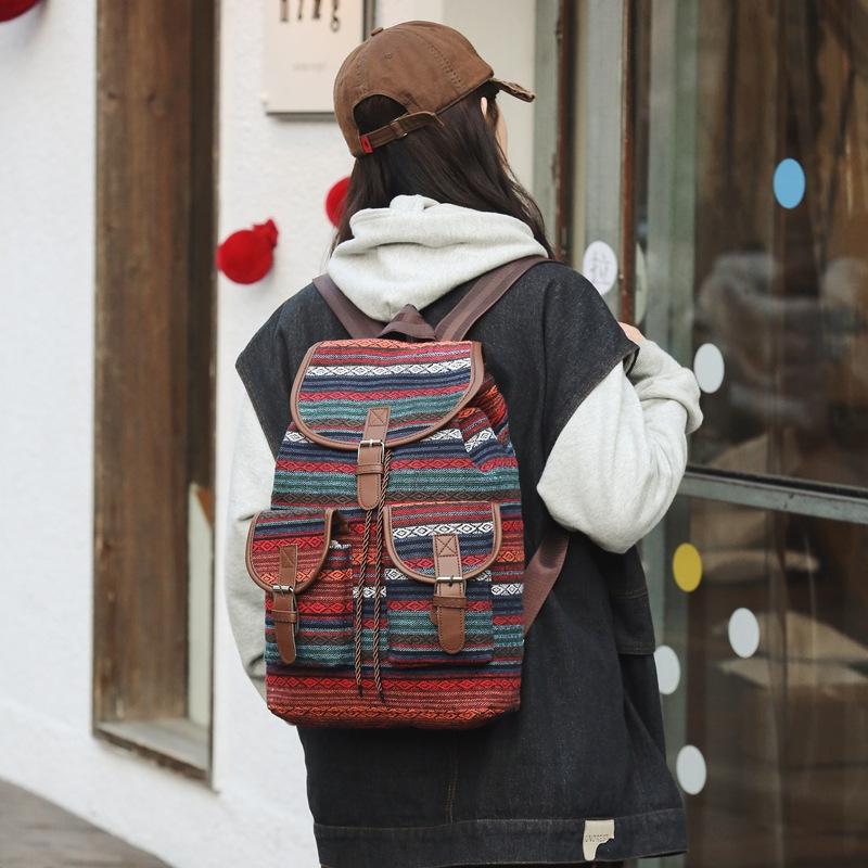 2026 New Female Ethnic Style Backpack Casual Plaid Drawstring Retro Women Large Capacity School Bag Drawstring Bucket Bag