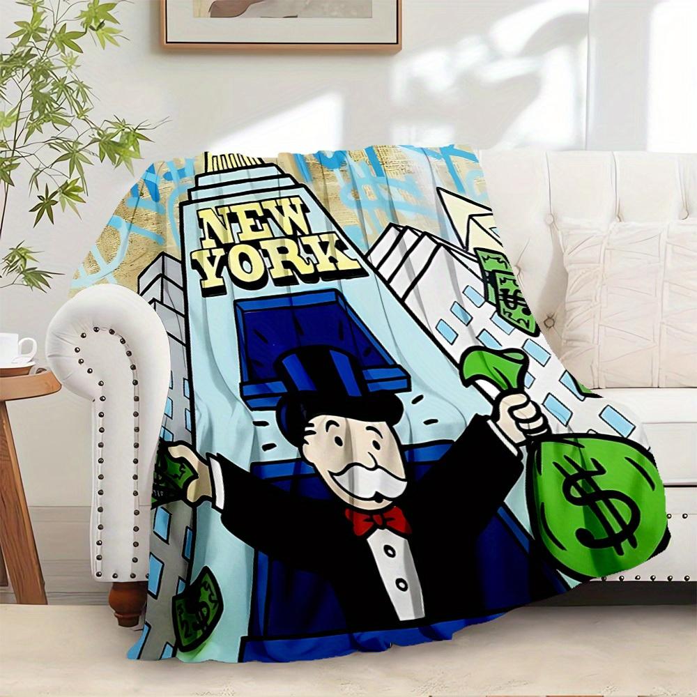 1pc Mr. Monopoly,New York,Money Digital Print Flannel Blanket - Contemporary Style, Suitable for All Seasons, Perfect for Home, Travel, or C