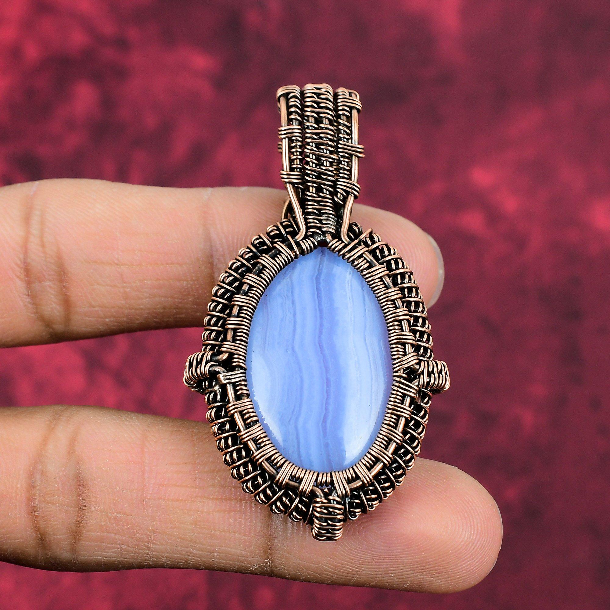 Blue Lace Agate Pendant Copper Wire Wrapped Pendant Natural Gemstone Jewelry Handmade Dainty Pendant Copper Wire Wrap Jewelry Gifts For Him