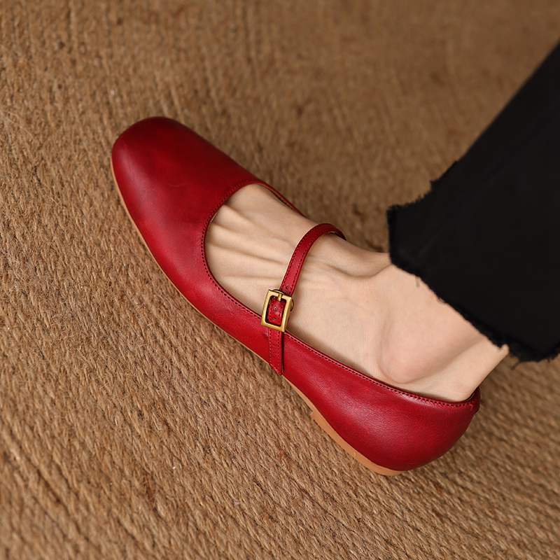 Krazing Pot Kuhleder Mode Frühling Herbst Schönheit Flach mit Damen Square Toe Schuhe Mary Janes Flache Ballerinas