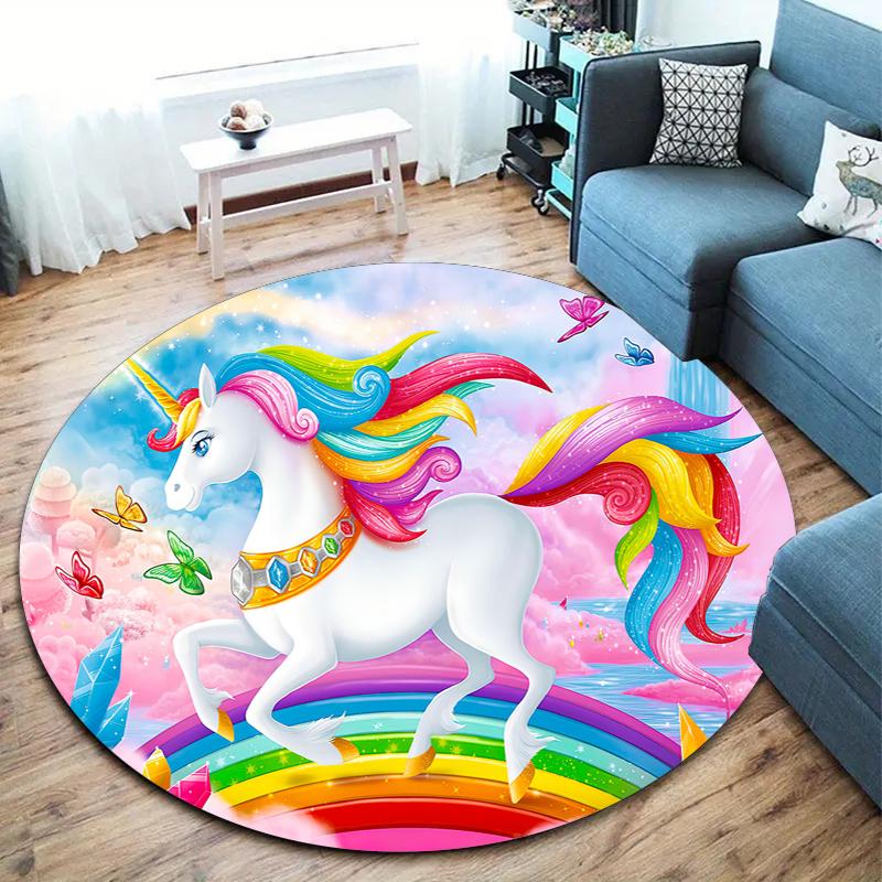 1Pc Cute Unicorn Circular Print Rug - Home Decoration Carpet For Living Room Bedroom Flooring Computer Chair Area Rug