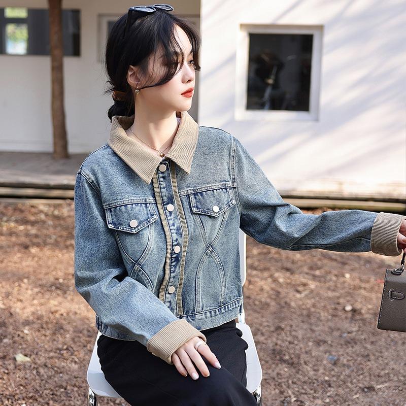 Retro contrasting color splicing denim jacket women's spring loose design sense niche small short jacket top tide