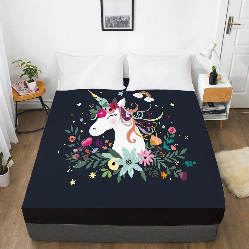 Unicorn Cartoon Fitted Sheets Mattress Cover With Elastic Band 3D Bed Sheet LinensFor Baby Kids Child Girls Boys 160x200 180x200