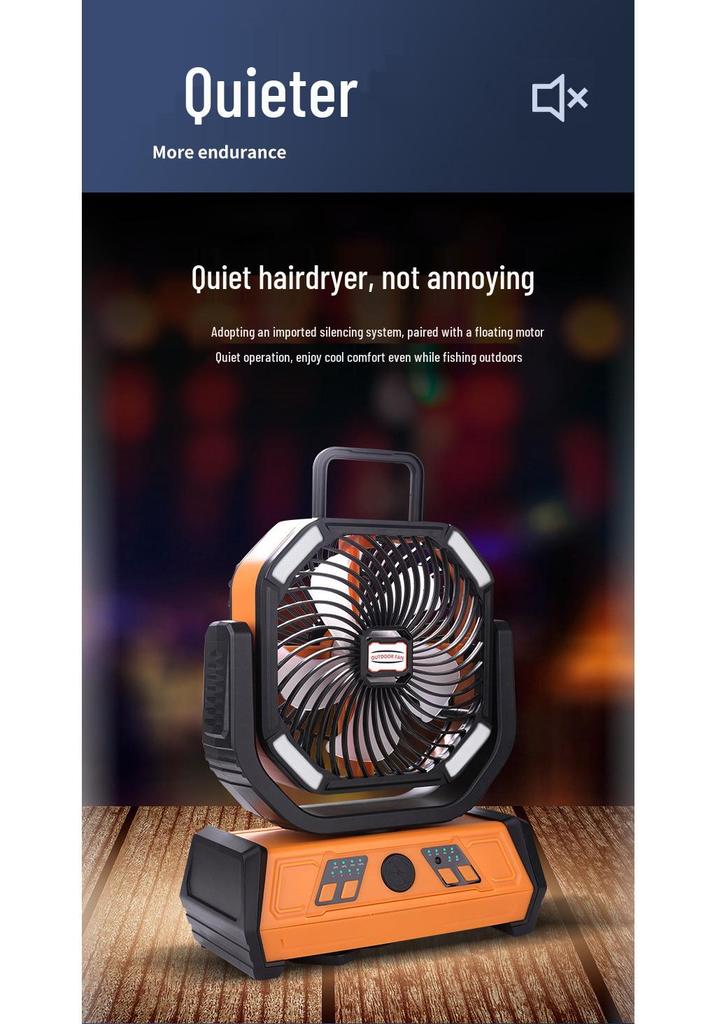 Portable Silent Camping Fan with Light & USB Charging - Large Capacity Outdoor & Fishing Oscillating Fan