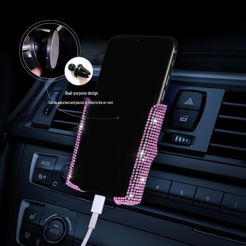 Rhinestone Dual-Function Car Phone Holder - Cute Air Vent Navigation Mount