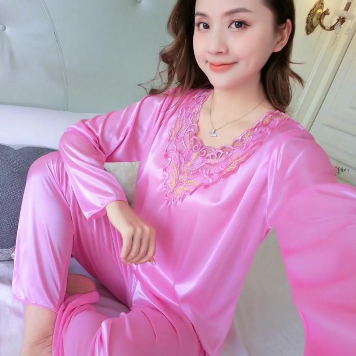 

GMXIA Тонкая пижама из ледяного шелка для женщин на весну и осень, с длинным рукавом и кружевом для лета, гладкий и сексуальный комплект из двух предметов, домашняя одежда для женщин XXXXL