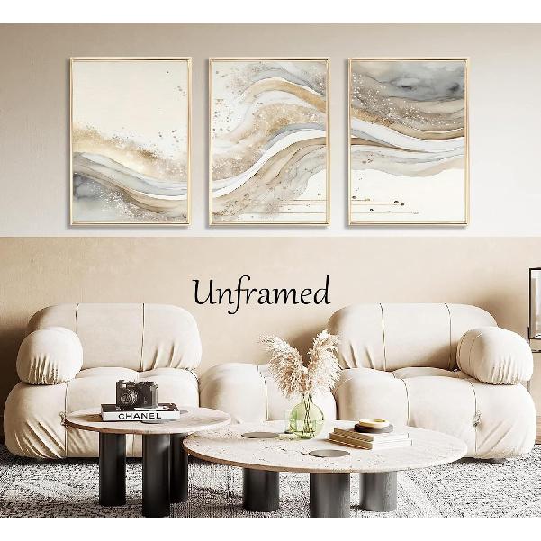 3Pcs Gold Abstract Marble Canvas Wall Art Modern Grey and Gold Fluid Painting Picture Wall Decor neutral Marble Poster Print Artwork for Bedroom
