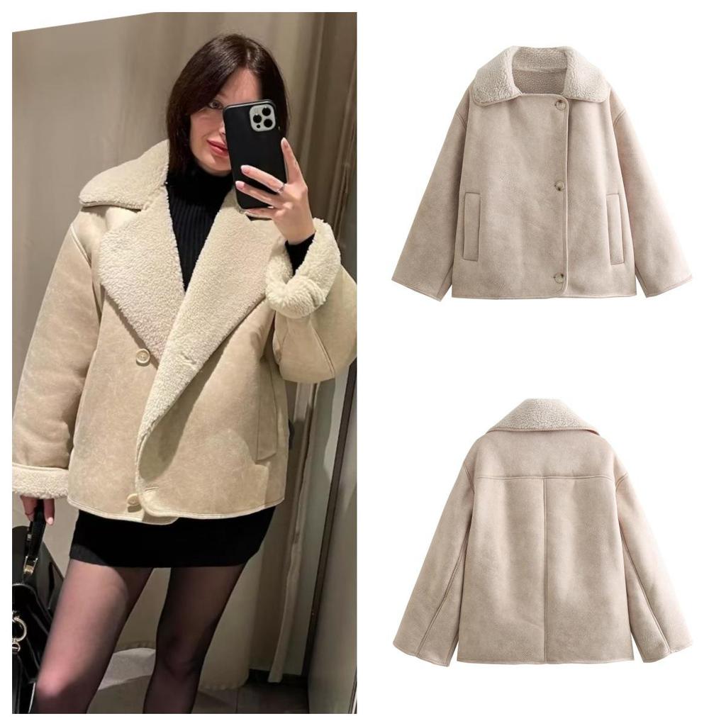 2025 Autumn/Winter Women's Lapel Shearling Suede Fleece-lined Warm Coat A14063