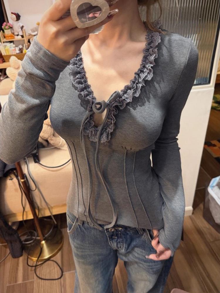 Korean V-Neck Lace Long-Sleeve Slim-Fit Women's Top - 2025 Autumn/Winter Collection