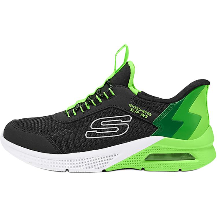 Кроссовки Skechers Kids Microspec Max из синтетической кожи и ткани, дышащие, без шнурков, для детей, черные с зеленым, 403890L-BKLM 28.5
