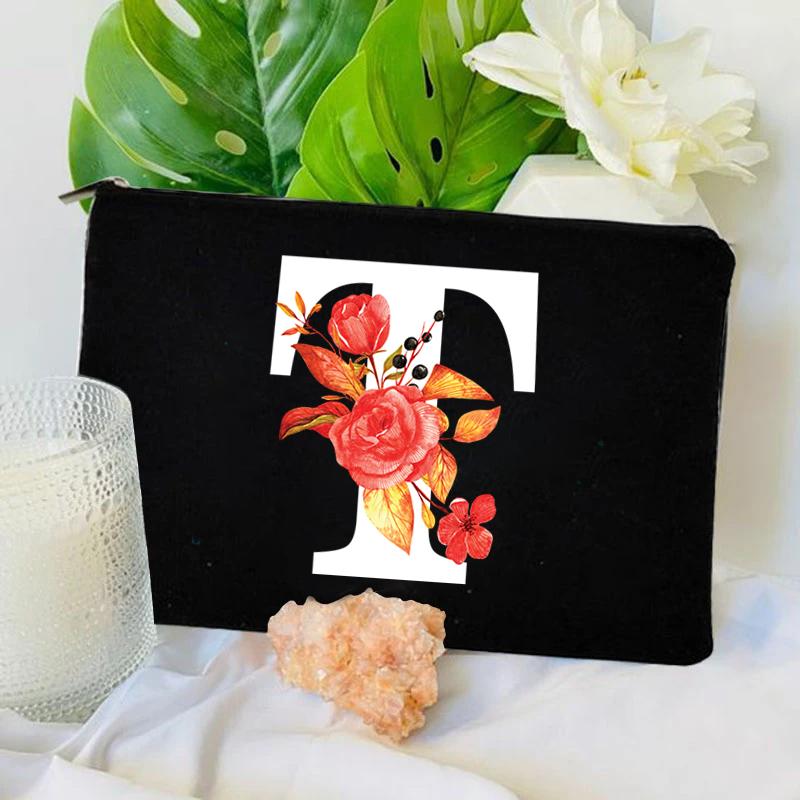 26 Floral Alphabet A-Z Makeup Bag Purse Party Lipstick Cosmetic Bags Fashion Letters Women's Outdoor Travel Toiletry Pouchs