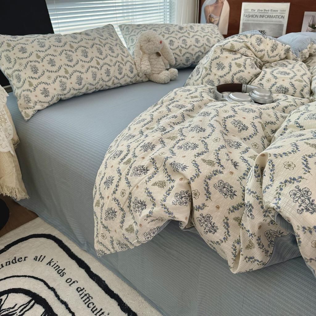 Duvet Cover Set  A-class Ultra Soft Jacquard Double-layer Yarn Washed Cotton Bedding Set  Floral Bed Sheet