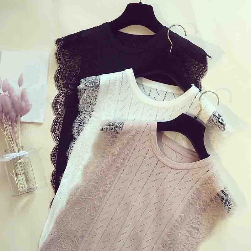 Fashion Summer Lace Sleeveless Black White Knitted Vest Tank Top Women Slim O-Neck Knit Tank Tops Vests JJ08