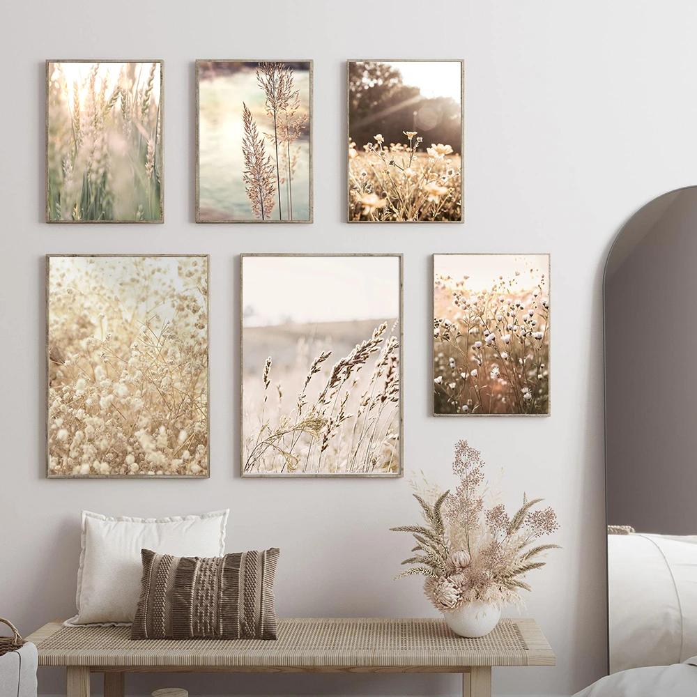 Autumn Flower Sunrise Nature Landscape CanvasPainting Poster Print Green Grass Scandinavian Style Wall Art  Nordic Picture Decor