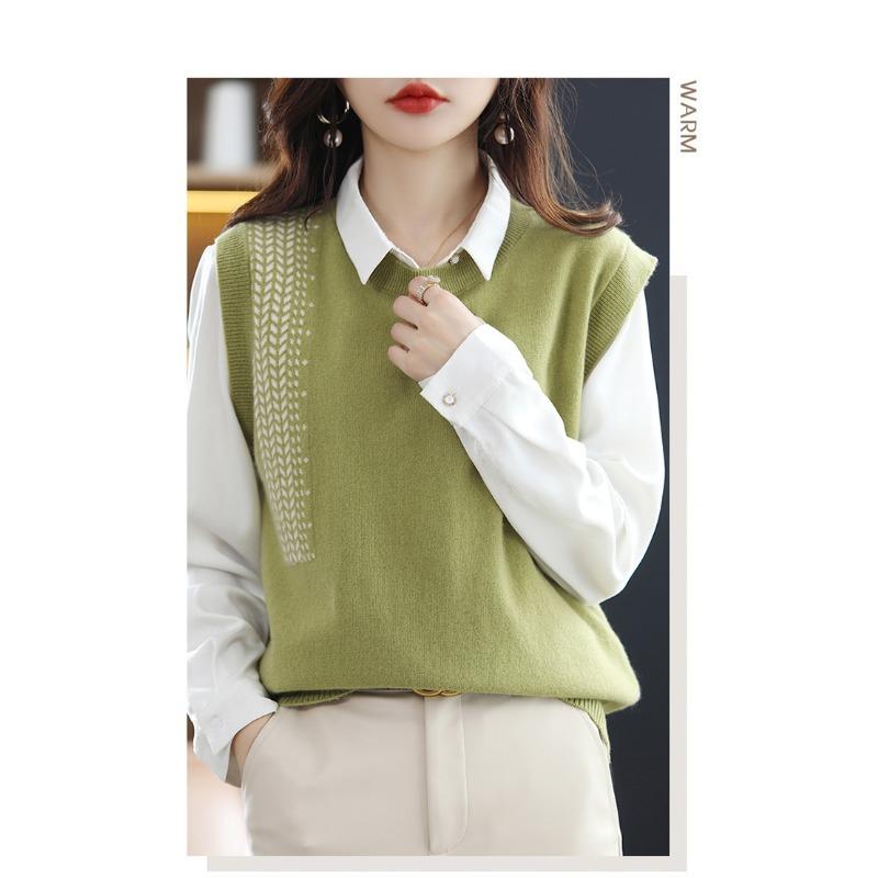 Spring and Autumn Vest Vest, Crew Neck Splicing Sleeveless Sweater Loose Outer Knitted Vest
