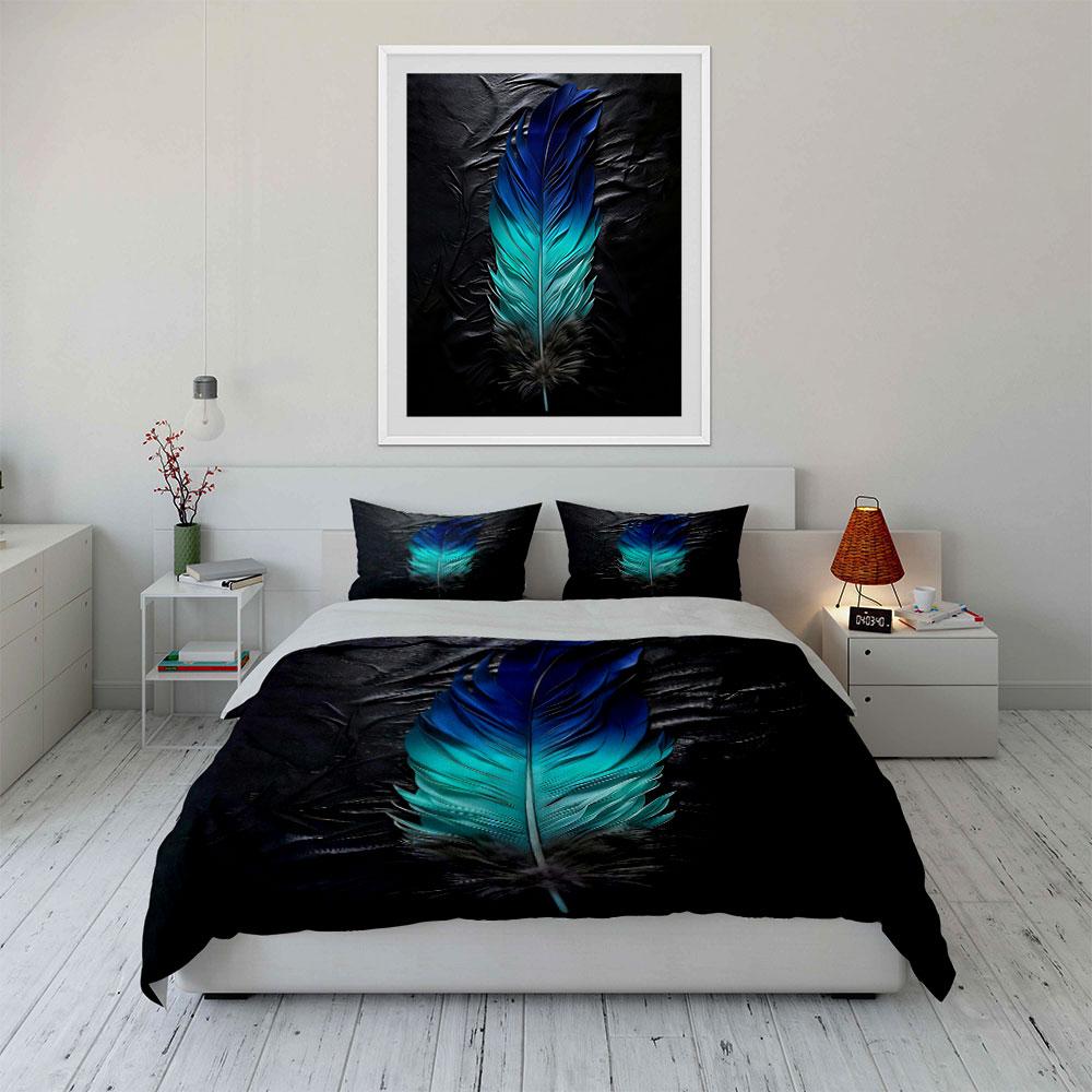 Bright Blue Feather Motif. Bedding Sets Duvet Cover Sets Duvet Covers Pillowcases(1 * Duvet Cover 2 * Pillowcases Without Duvet Insert)