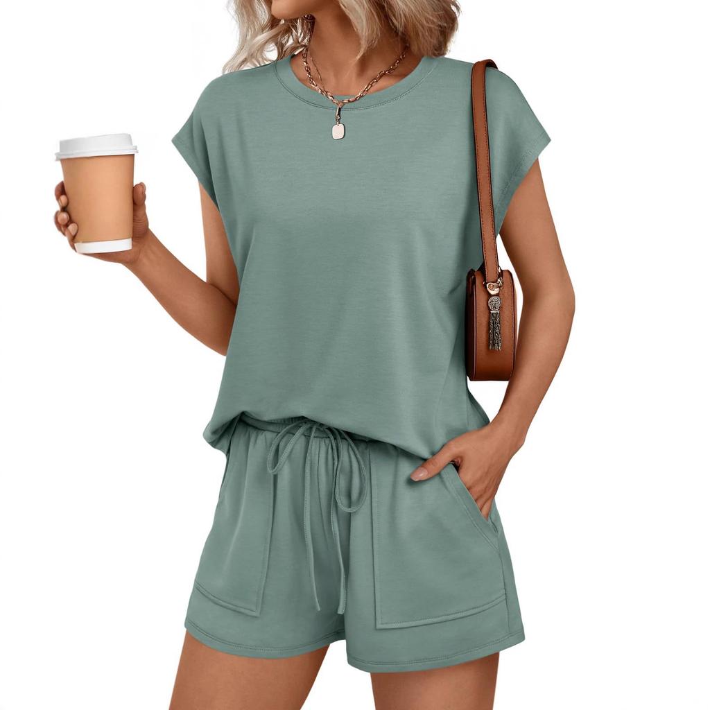 Set da donna casual con top a maniche corte e pantaloncini con coulisse