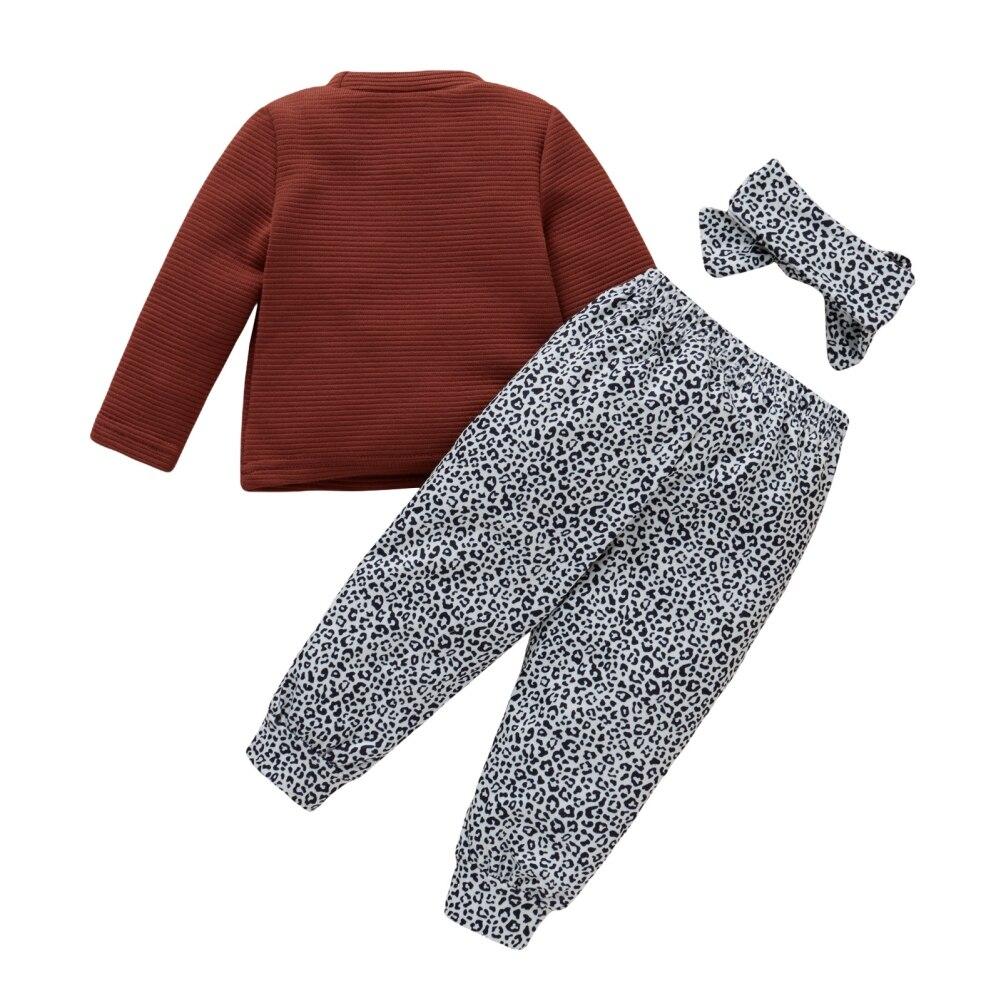 Baby Solid Color Top Leopard Print Pants Hairband Fall Clothes Set