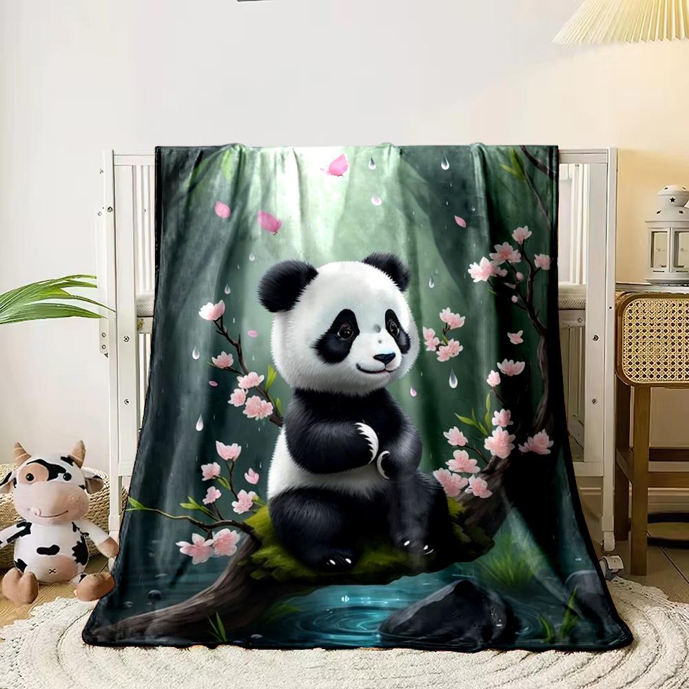 Cute Panda On Cherry Blossom Tree Design Flannel Blanket for Bedroom, Living Room, Sofa, and Nap Sofas