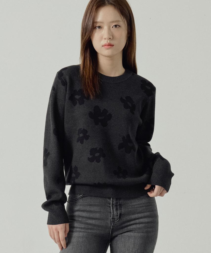 210EDIT Unisex Flower Jacquard Round Knit [Charcoal]_Zg1Sw021