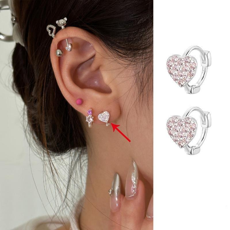 Sweet Heart Zircon Circle Earrings Simple Fashion Elegant Temperament Ear Buckle Design Creative 100% Match Women's Daily Dainty Earrings