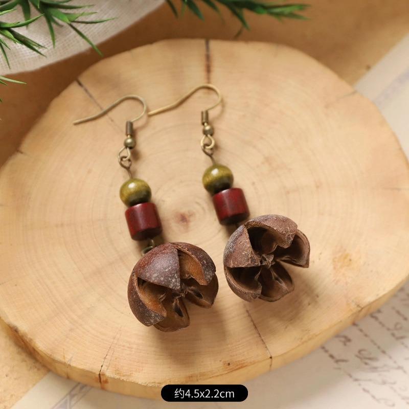 Retro Handmade Plant Fruit Earrings Pine Cone Literature and Art Chinese Medicine Dried Fruit Niche Creative Earrings Women