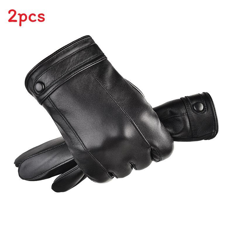 Men Leather Winter Gloves With Touch Screen Windproof Waterproof For Mens Fashion Button Closure