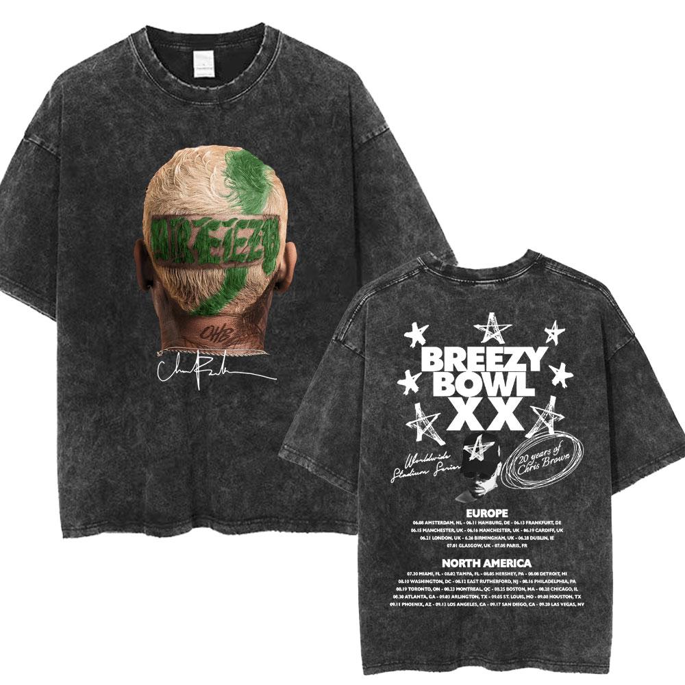 Chris Brown Breezy Bowl XX Concert Tour Washed T Shirts Vintage Hip Hop Gothic T Shirt Mens Oversized Cotton Tshirt Streetwear