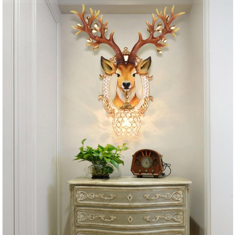 Vintage Wall Lamp Creative Deer Head Living Room Wall Hanging Lamp Bedroom Hallway Crystal Lamp