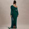 European and American Sloping Collar Long Sleeved Fashionable Temperament Solid Color Pleated High Waisted Long Dress