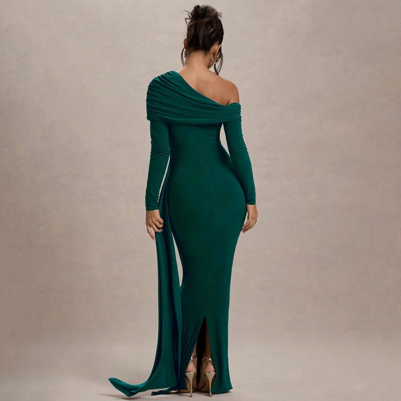 European and American sloping collar long sleeved fashionable temperament solid color pleated high waisted long dress