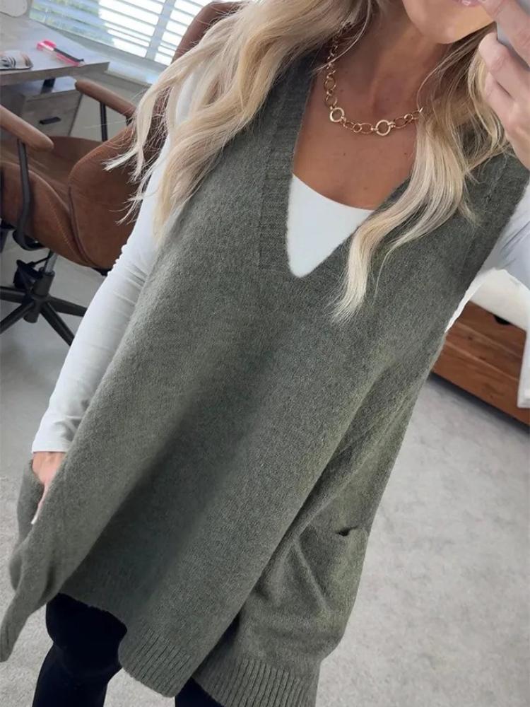 

Женский коричневый вязаный жилет без рукавов с V-образным вырезом XXL