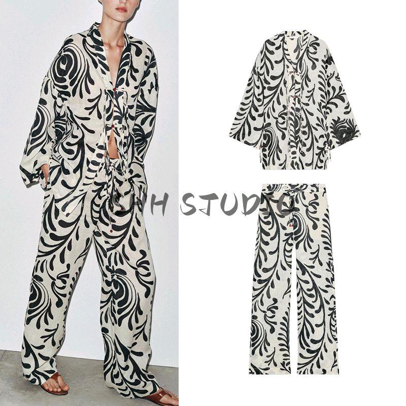 Summer New Arrival Print Long Sleeves Lapel Coat 2731084 Mid-Waist Straight Casual Pants 2731089