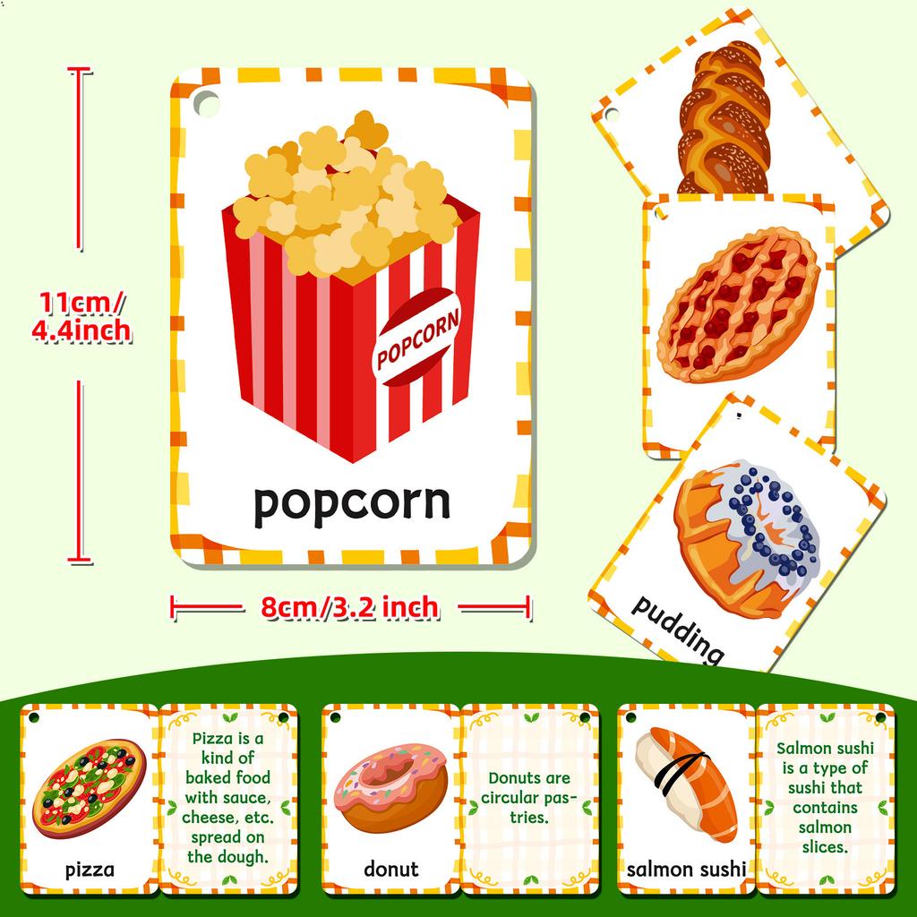 48PCS Food Cognition Flash Cards Children's Early Education Burger Cake Recognition Paper Card English Learning Educational Toys