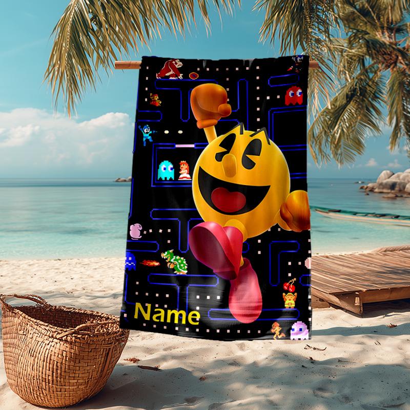 Custom Name Ultra-Soft Beach Towel with Pac-Man Theme,Ideal for Pool - Camping, Diving - Perfect Travel Essential, Vibrant Beach Towel.