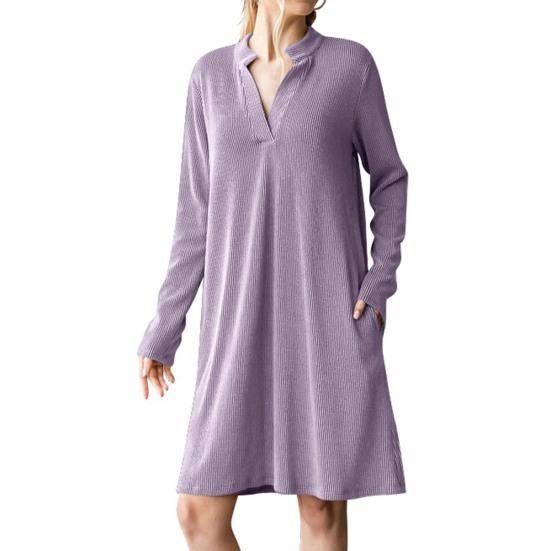 Women's Fall Winter Ribbed Knit Dress Casual Long Sleeve V Neck Mini Dress Loose Pullover Sweater Dress with Pockets