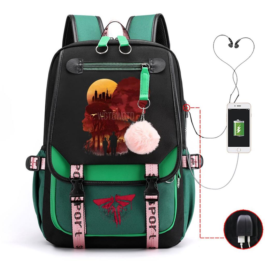 Trend Printing Student Casual Schoolbag Contrasting Color Neutral USB Backpack