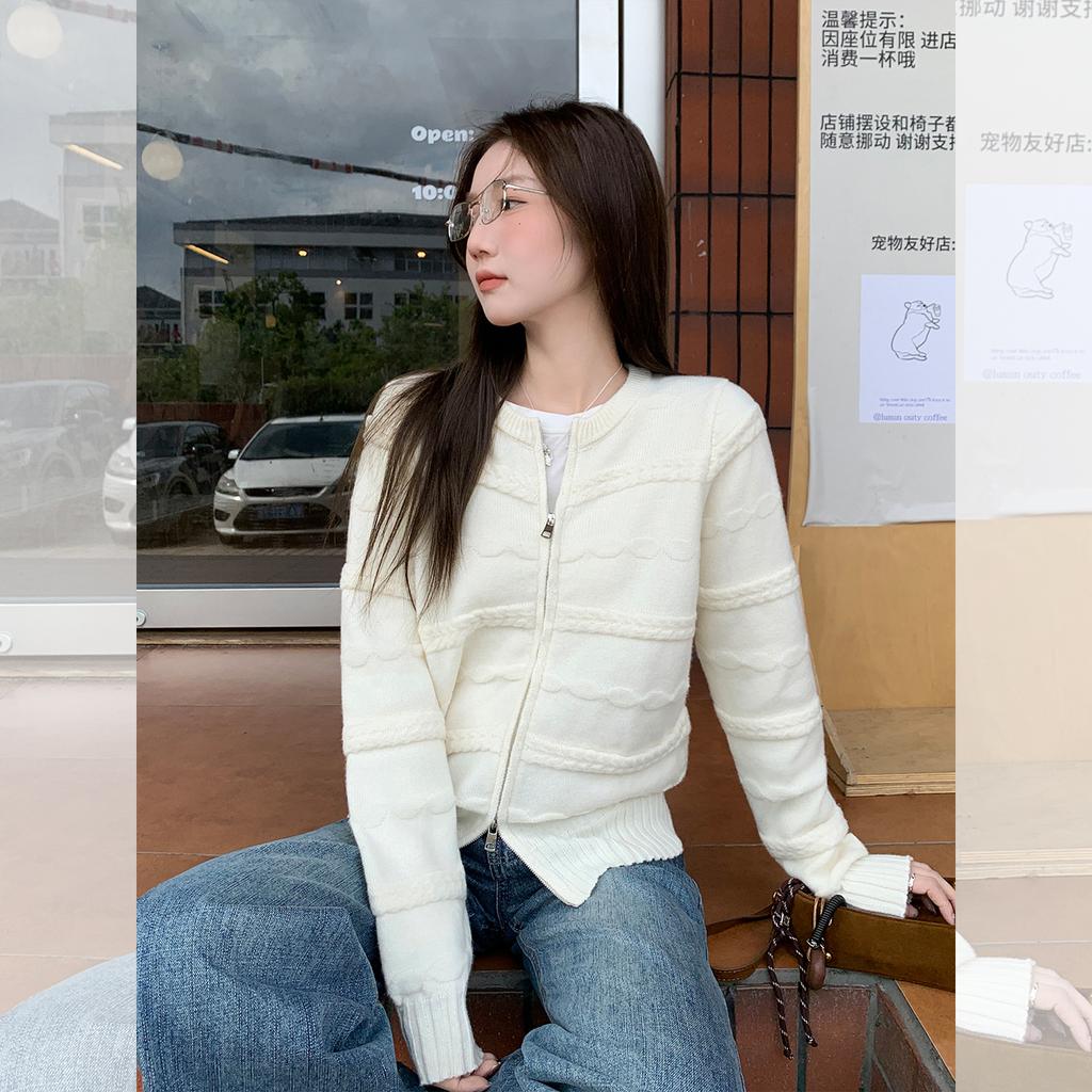 White Lazy Zipper Cardigan Jacket Women's Autumn and Winter Wear Top Loose Design Knitted Sweater
