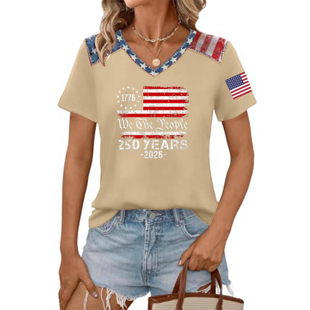 Womens Casual V Neck Short Sleeve Pullover T Shirt Patriotic Graphic Print Soft Lightweight Top for Everyday Wear