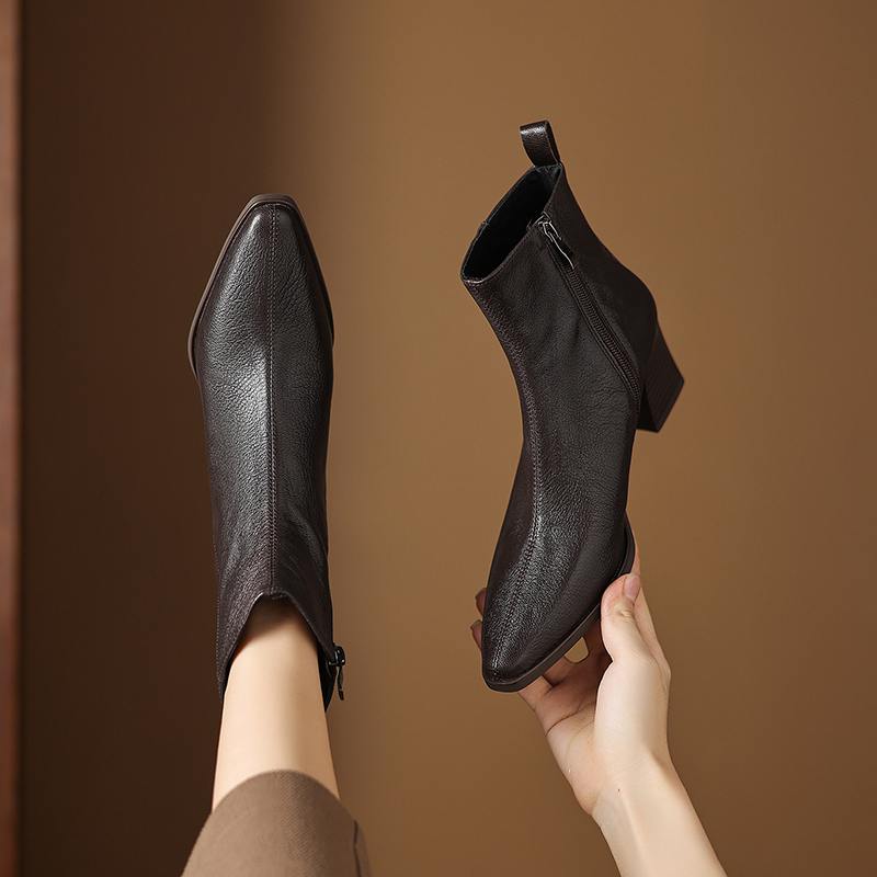 Krazing Pot Zimní kožené kozačky na středním podpatku se špičatou špičkou Chelsea pro ženy, elegantní dámské kotníkové boty na zip