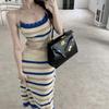 Women's Slim Fit Sleeveless Striped Knit Dress - Color Block Halter Neck for Summer 2024
