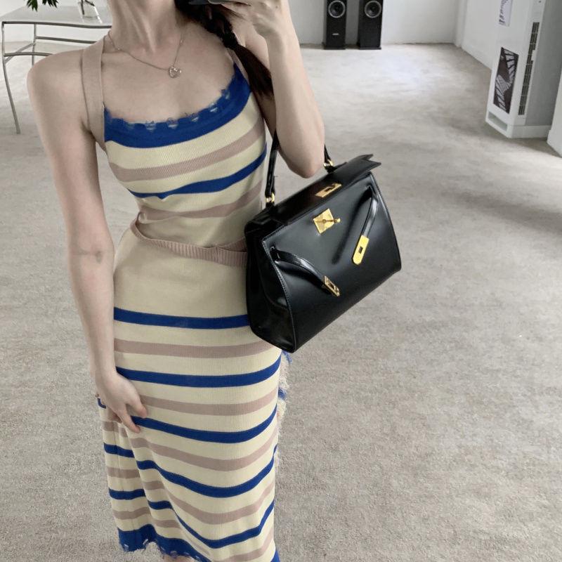 Women's Slim Fit Sleeveless Striped Knit Dress - Color Block Halter Neck for Summer 2024