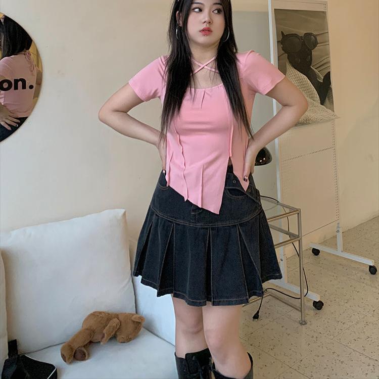 Women's Short Skirt Large Size Denim Half Body Skirt Sexy High Waist Short Skirt Pleated Waist A Word Half Body Skirt