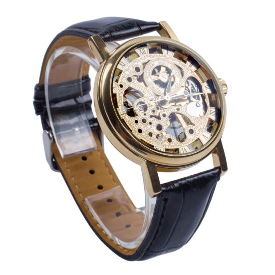 Herrenmode Luxus Skelettierte Hohlzeiger Rundes Zifferblatt Kunstlederarmband Armbanduhr