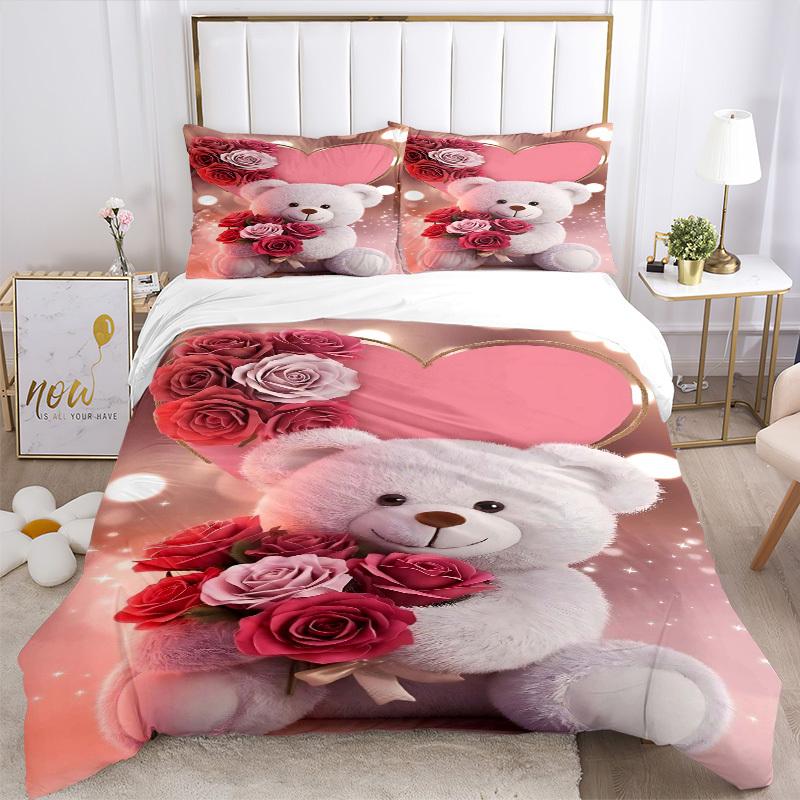 3pcs Pink Teddy Bear with Roses Bedding Set - Includes One Quilt Cover and Two Pillowcases (No Core) - Anime Cartoon Design, Polyester Fabri