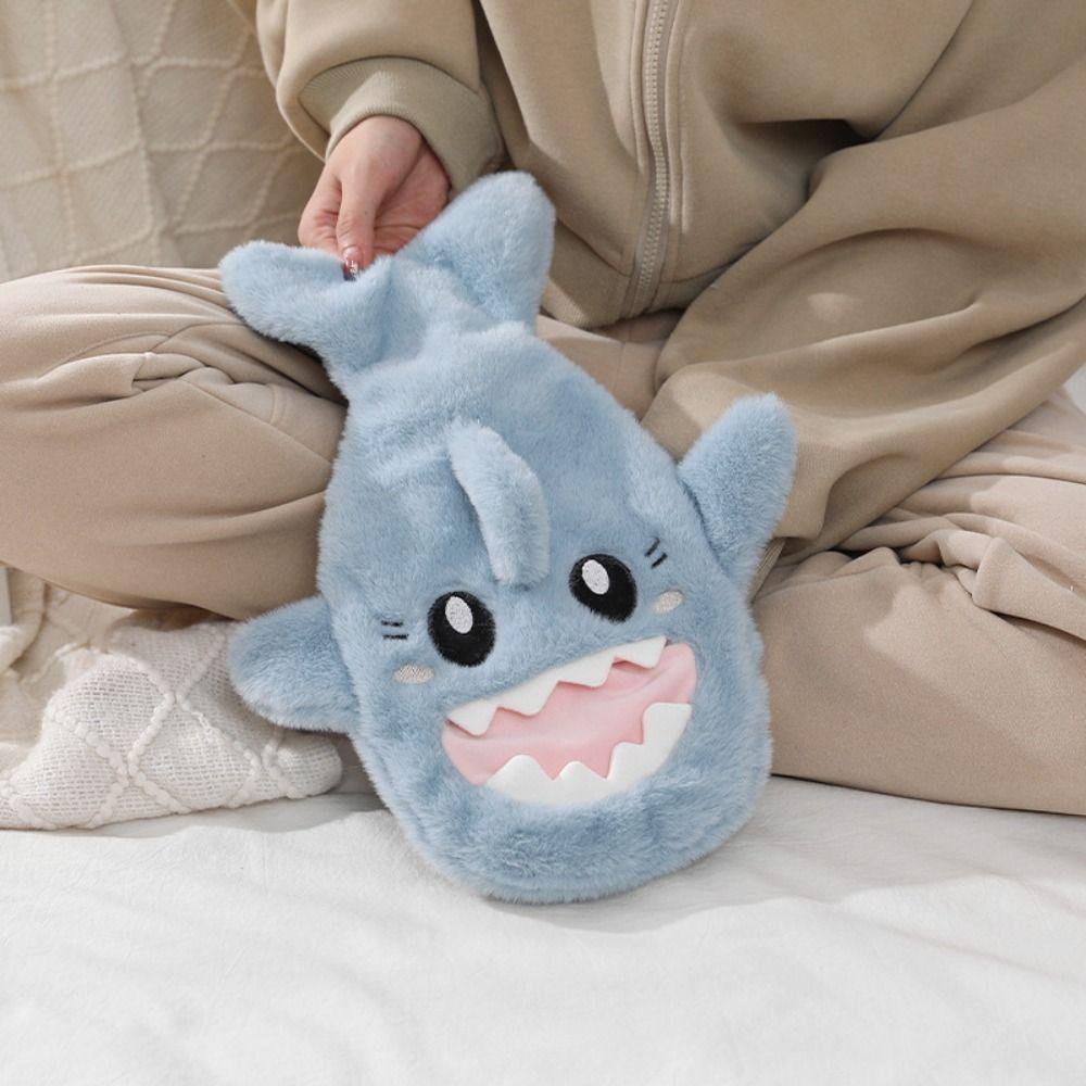 Soft Cover Plush Shark Hot Water Bottle Insulating Heat Reusable Bag Cute Hand Warmer Foot Warmth