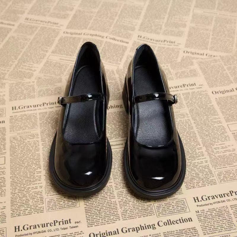 Versatile Round Head Thick Heel British Style Black Retro Small Leather Shoes for Women's New Shallow Mouth French Mary Jane Small Leather Shoes Fo