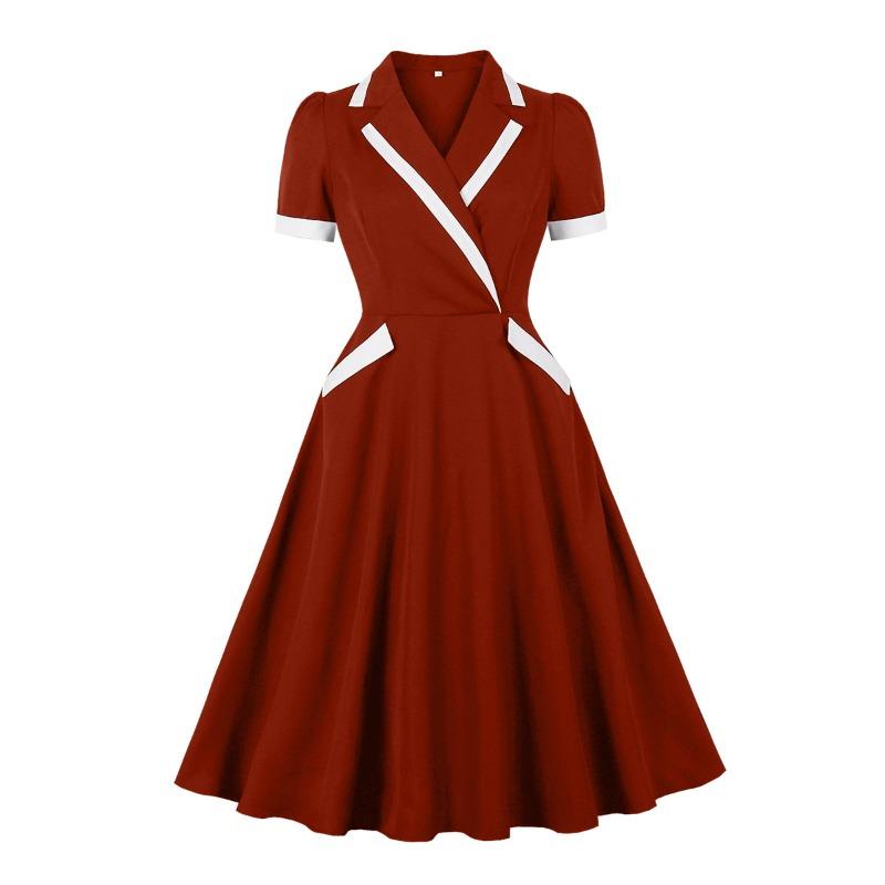 Women's clothing niche design sense contrasting colors retro temperament waist suit dress with pockets