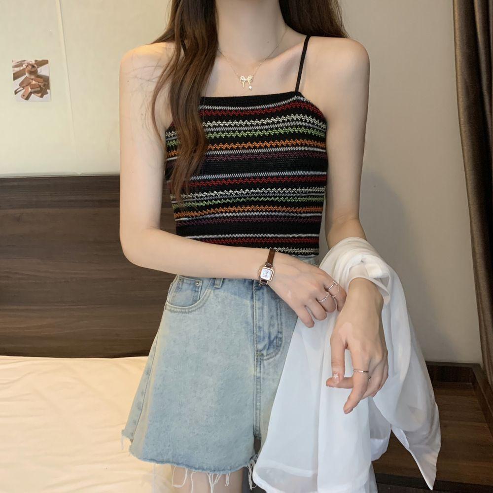 Women's Striped Knitted Camisole Vest Summer French Style Stylish Slim Fit Slimming Bottom Shirt Sleeveless Top